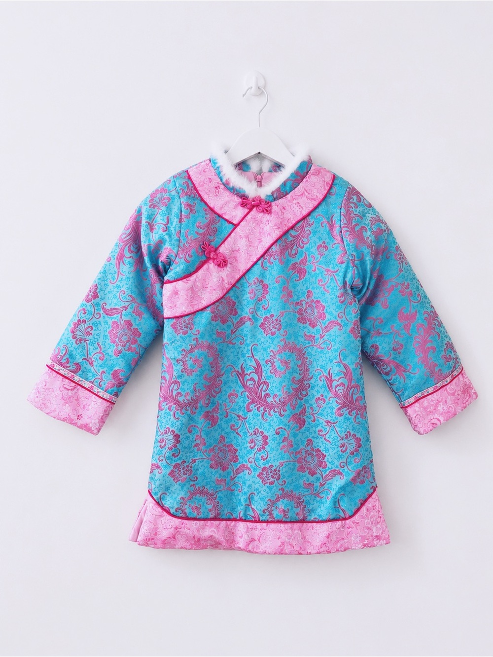Girls’ Padded Winter Chinese Qipao Dress – Satin Brocade, Faux Fur Trim